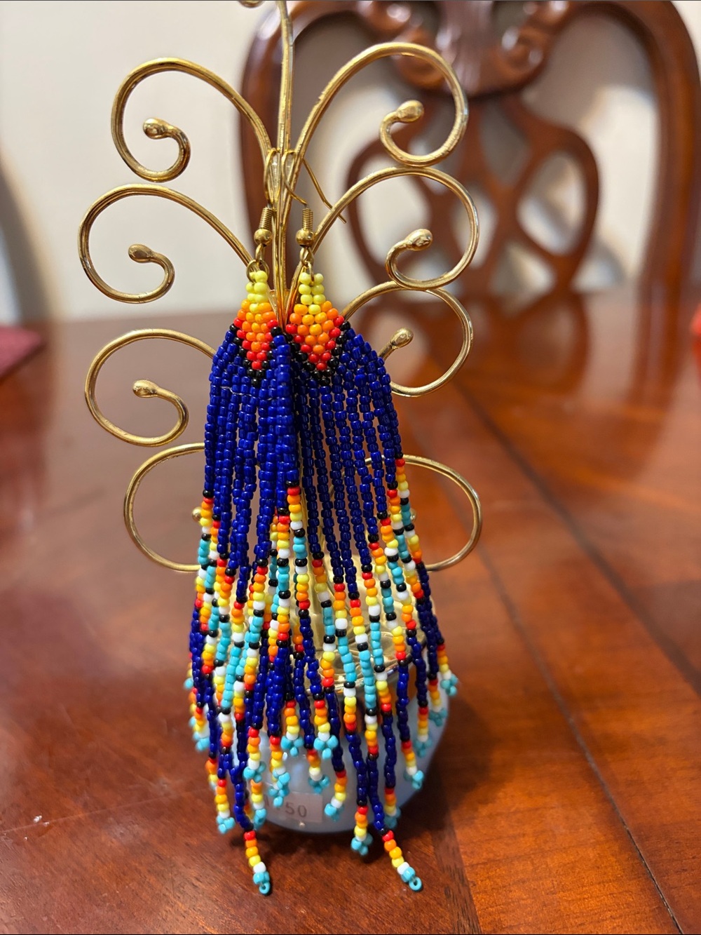 Handmade Beaded Fringe Earrings - Blue, Orange & Yellow